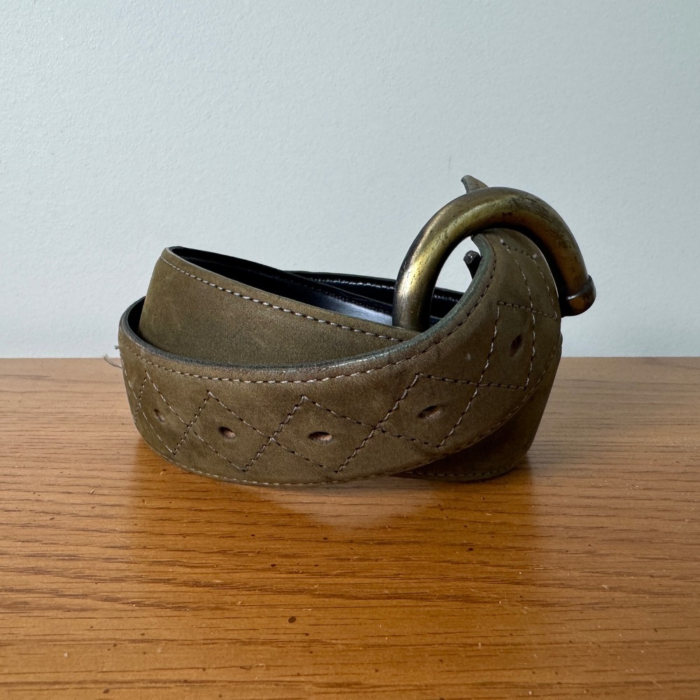 First‎ Issue Liz Claiborne Brown Suede Quilted Belt Brass Buckle Size SMALL